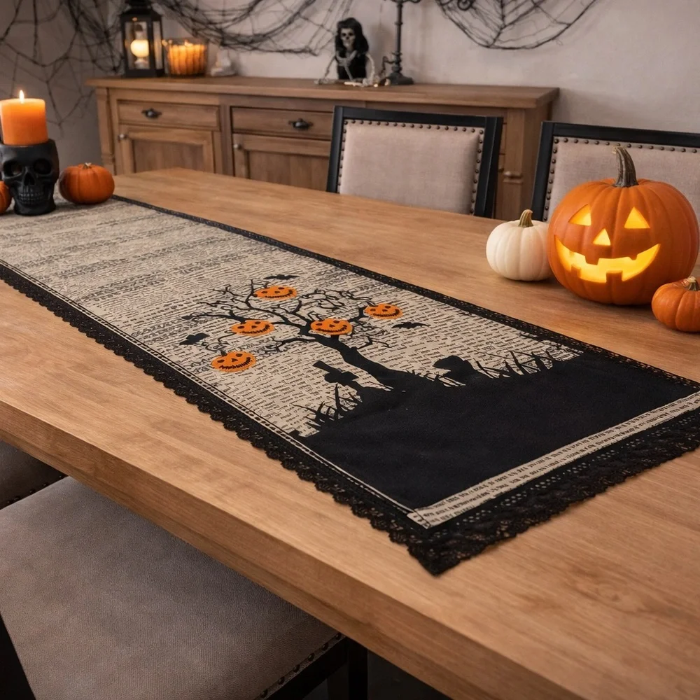 Halloween Table Runner Black Pumpkin Tree Newsprint‎ Lace Edge Decor Vintage